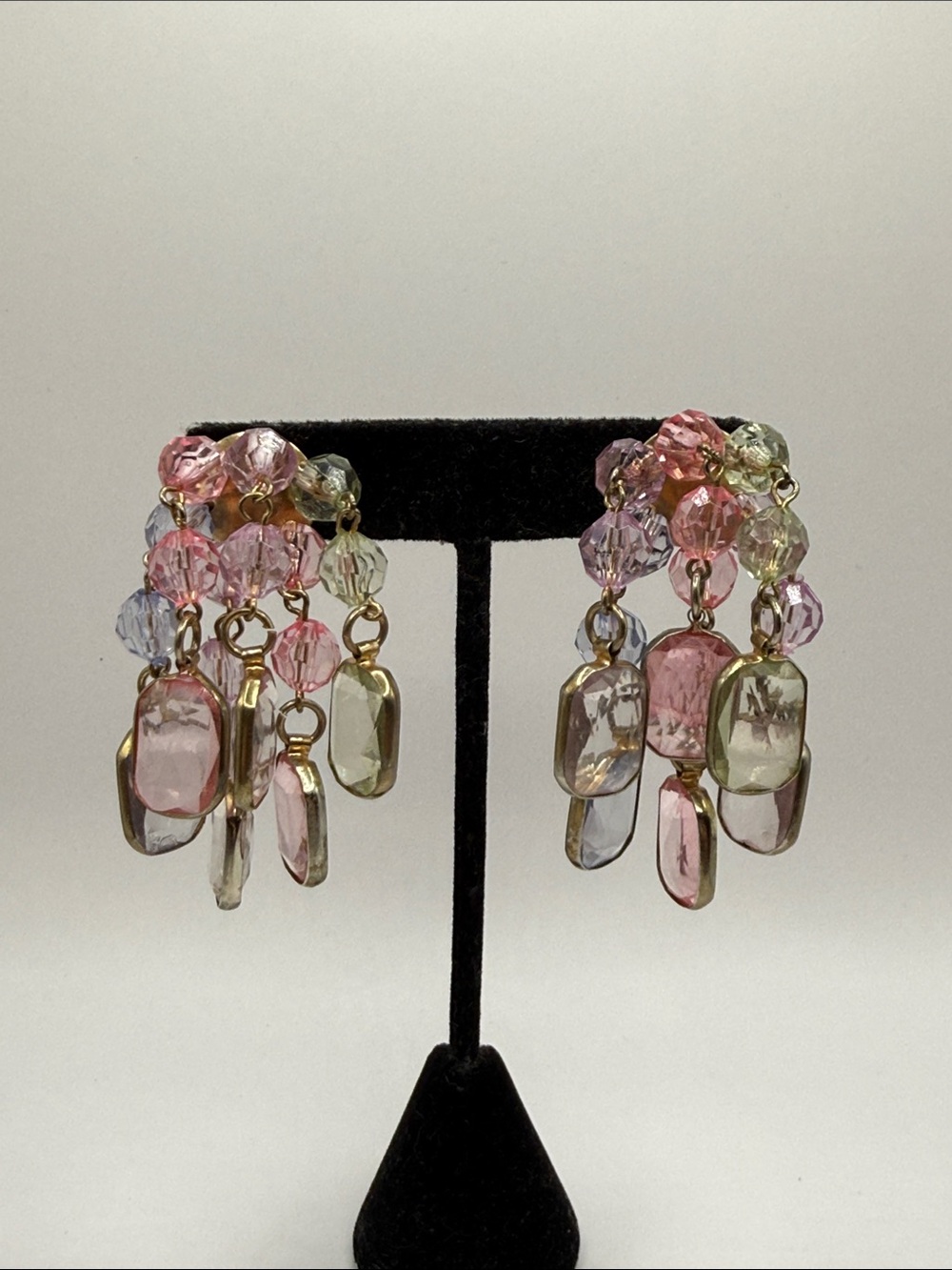 Vintage Pastel Multicolored Beaded Large Dangle Drop Statement Earrings